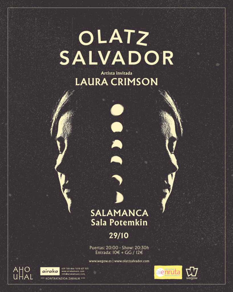 cartel negro con doble perfil facial de mujer en color amarillo muy pálido, dividido por las diferentes fases de la luna. Título: olatz salvador. Artista invitada Laura Crimson. Salamanca. Sala Potemkin, 29 de octubre